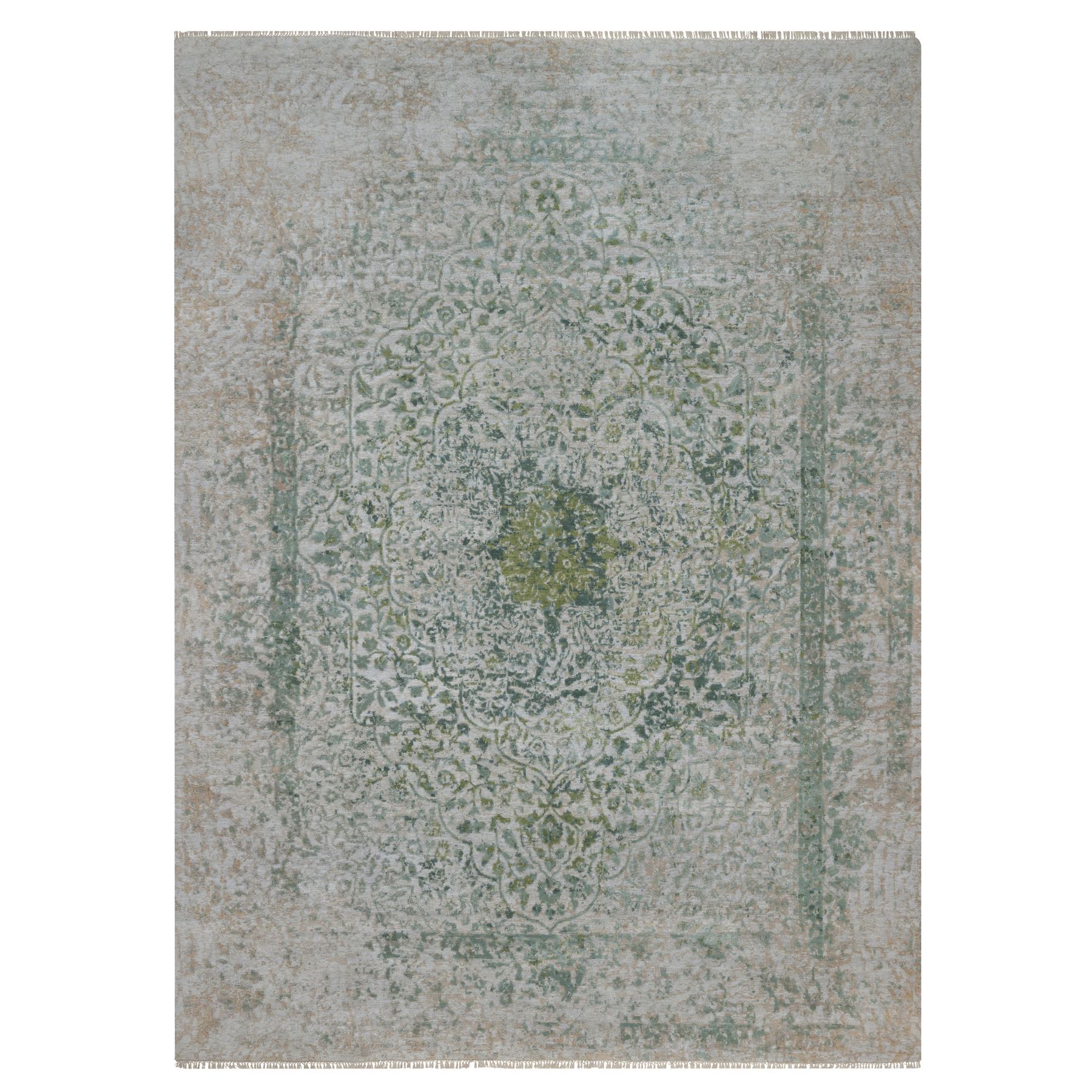 8'9"x12'1" Silver with Green, Broken and Erased Persian Design, Hand Knotted, Wool and Pure Silk, Oriental Rug 